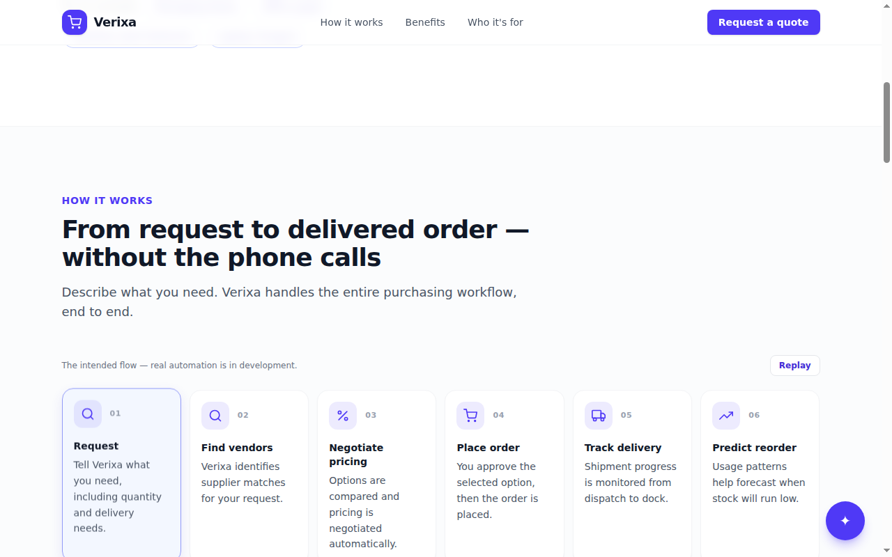 Demo screenshot: the Verixa landing page with a sample quote card