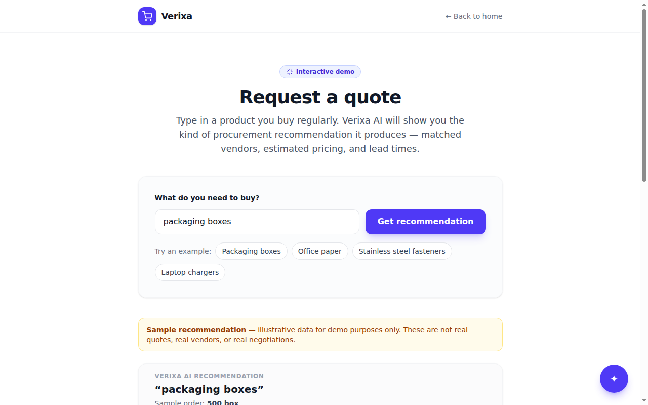 Demo screenshot: the six-step intended Verixa procurement flow