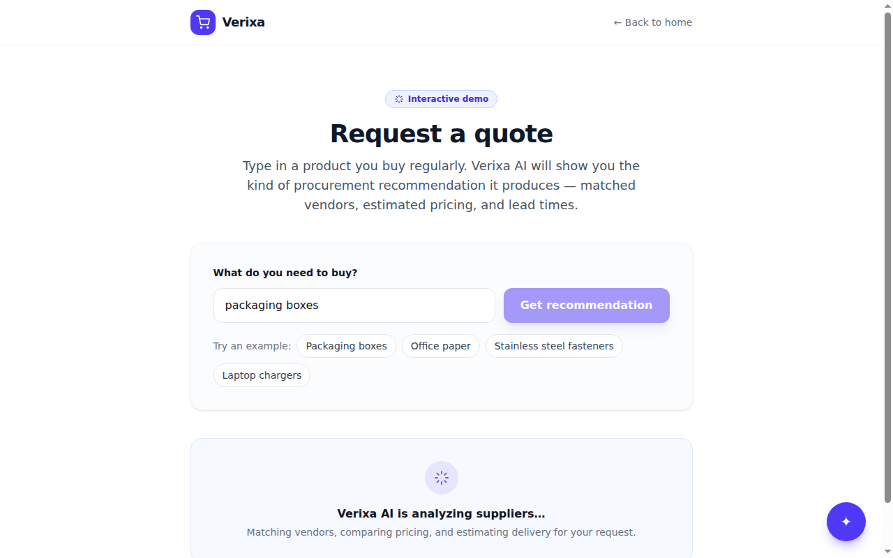 Demo screenshot: typing a product request into the quote demo